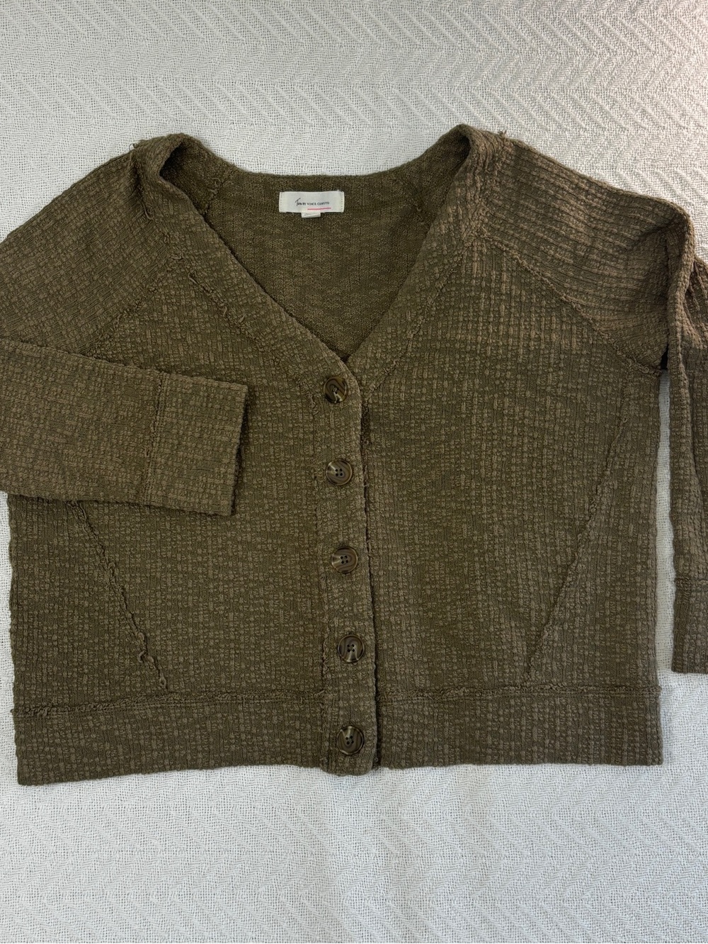 TWO by Vince Camuto Cardigan Lg Sweater Olive Green 3/4 Sleeve Crop Slub Knit